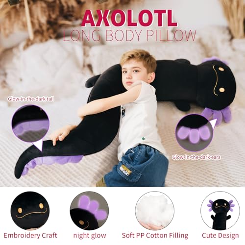 Dalmao 120cm Riesen Axolotl Plüsch Gefülltes Tier, Große Schwarze Axolotl -Kissen -Kissenspielzeug im Dunklen, Riesigen Schlaftkissen für Kinder, Geburtstag, Ostern