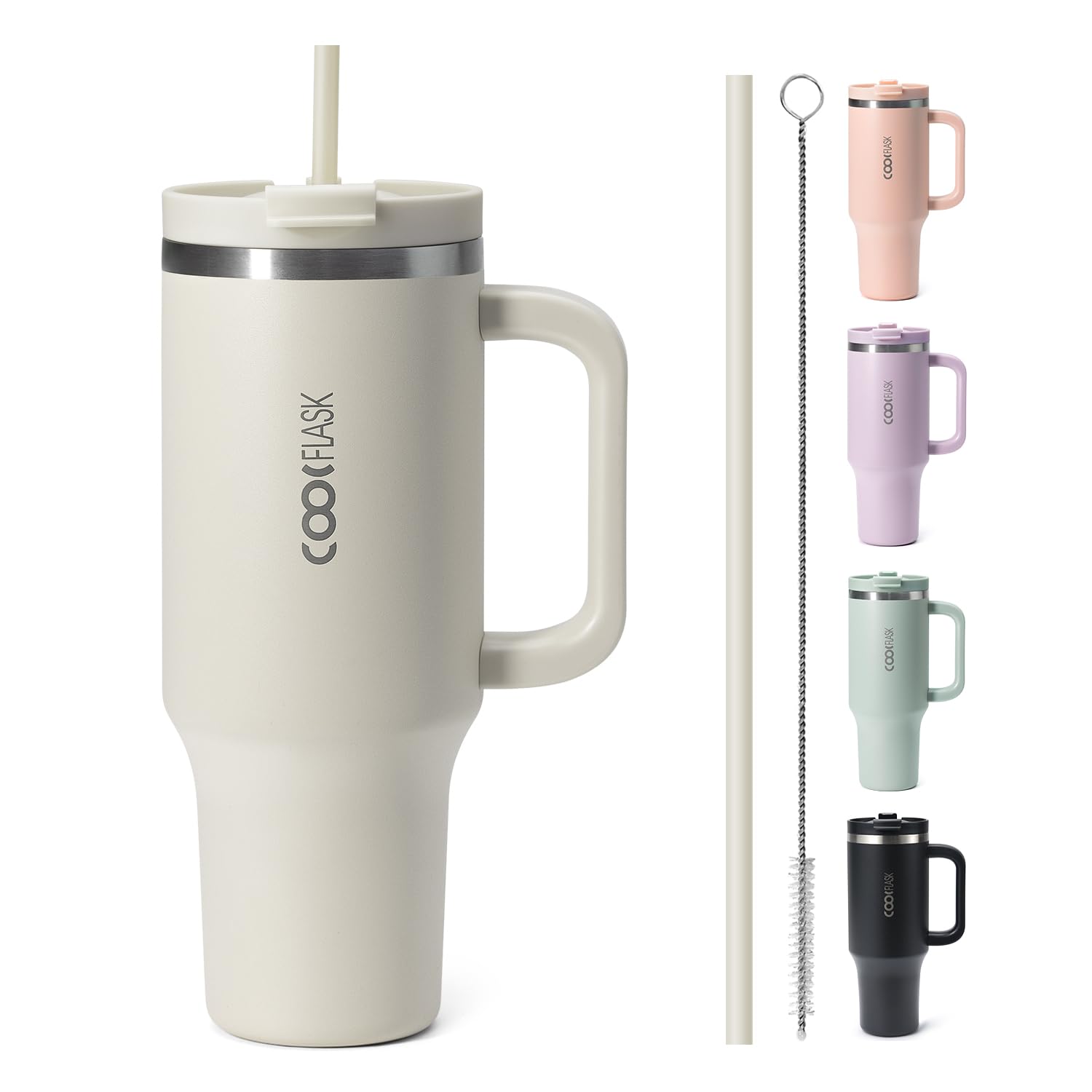 Coolflask 40oz Tumbler with Handle, Insulated Water Tumbler with Lid and Straw, Coffee Tumbler Stainless Steel Vacuum for Cup Holder, Keep Cold for 24 Hrs/Hot for 12 Hrs, Apricot