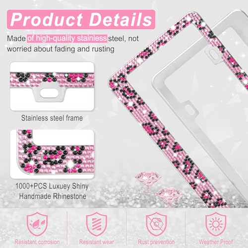 Image of Amiss Bling License Plate Frame for Women, 2Pack Rhinestone Handcrafted Crystal Premium Stainless Steel, Stainless Steel Car Decorative Accessories with Diamond Sparkle Glitter Caps