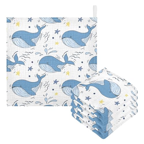 Kigai Cute Blue Whales Baby Washcloths,5pcs Ultra Soft Absorbent Towel,Newborn Bath Face Towel, Natural Reusable Baby Wipes for Sensitive Skin, Baby Registry as Shower