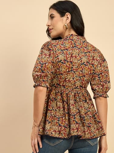 Image of Azira Cotton Printed Mandarin Collar | Blue Color | Casual Top | Woman Top| Tops for Woman | Stylish Summer Wear