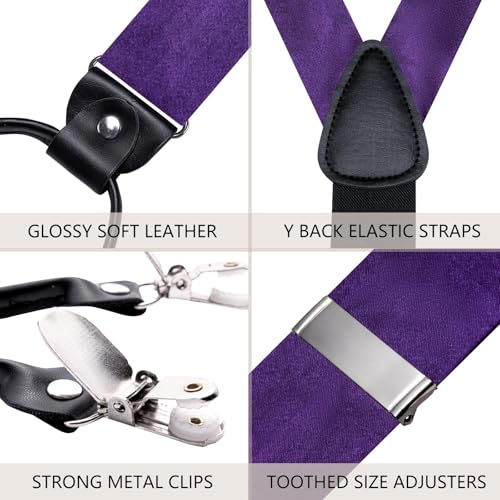 Image of Hi-Tie Men Suspender Bowtie Set Suspenders Pre-tied Bow Tie Pocket Square Cufflinks Adjustable Y Shape 6 Clips Braces Tuxedo