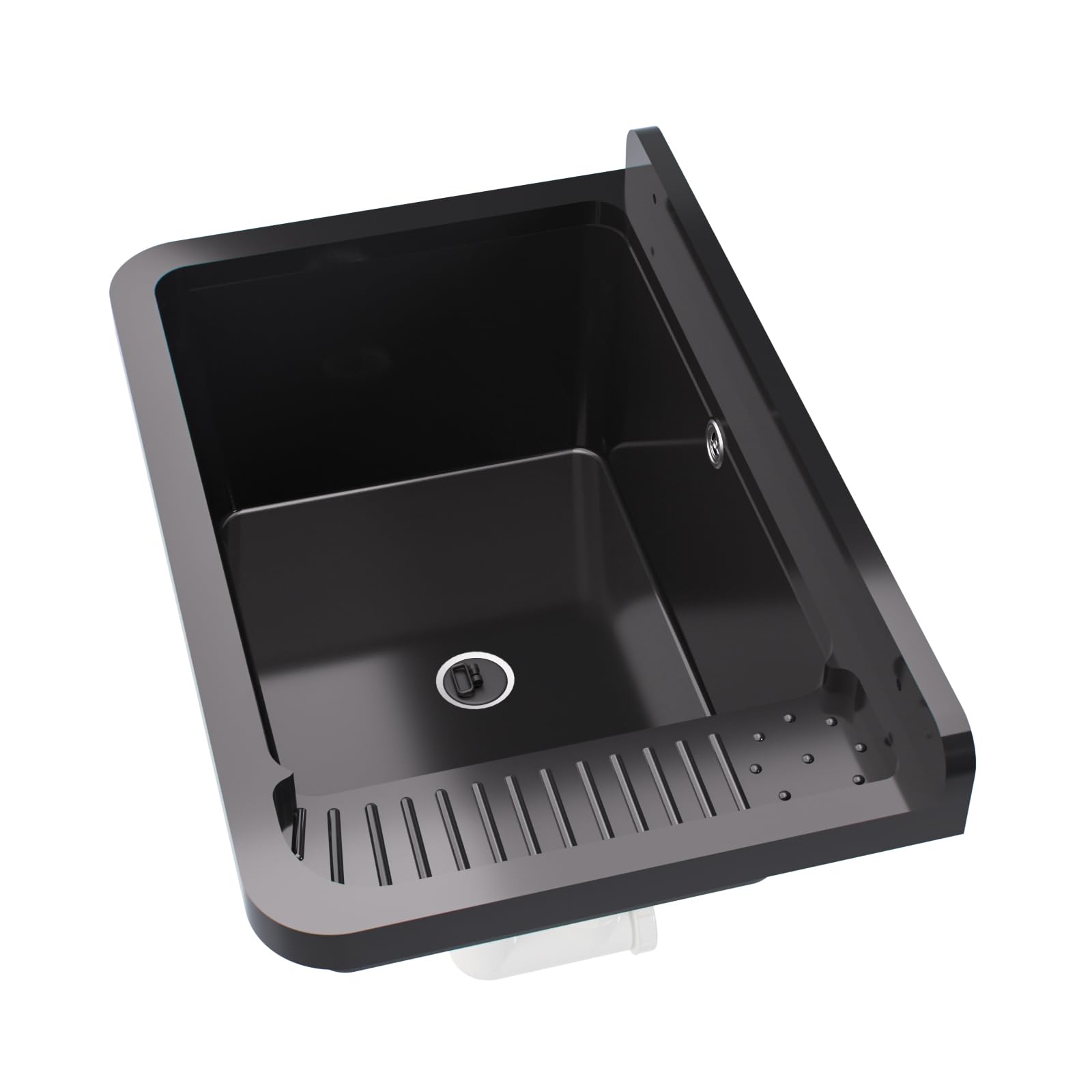 QLS Fregadero plástico 50,8x33,8 cm con sifón y kit negro | Para garaje, taller y lavadero. Resistente al calor, fácil de limpiar, interior/exterior, con kit de montaje
