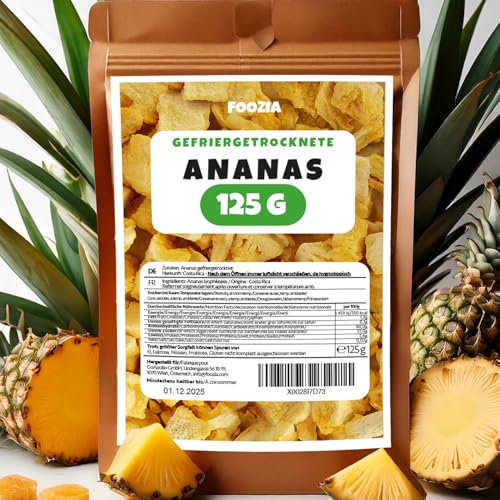 Ananas gefriergetrocknet 125g große Stücke, Gefriergetrocknete Früchte Ohne Zusätze 100% Pur - Natürliche Trockenfrüchte - Getrocknete Ananas Trockenobst von Foozia