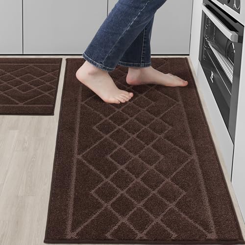 BEQHAUSE Kitchen Mats for Floor 2PCS, Kitchen Rugs Non-Slip Washable, Kitchen Runner Rug Absorbent and Stain Resistant, Floor Mat for Kitchen, Laundry & Sink, 24"x36"+24"x60", Brown 24" x 36