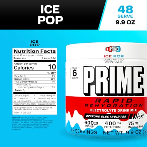 Image of Prime Rapid Rehydration Electrolyte Powder, Ice Pop, Sugar Free Hydration Drink Mix with Sodium, Potassium, Magnesium & B Vitamins to Replenish Fluids, Caffeine Free, 6 Gallon Tub, 48 SRV