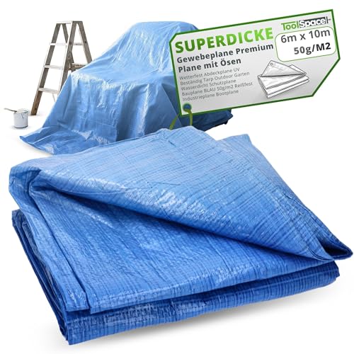 ToolSpace SUPERDICKE Gewebeplane Premium Plane mit Ösen 6x10 m Wetterfest Abdeckplane UV Beständig Tarp Outdoor Garten Wasserdicht Schutzplane Bauplane BLAU 50g/m2 Reißfest Industrieplane Bootplane