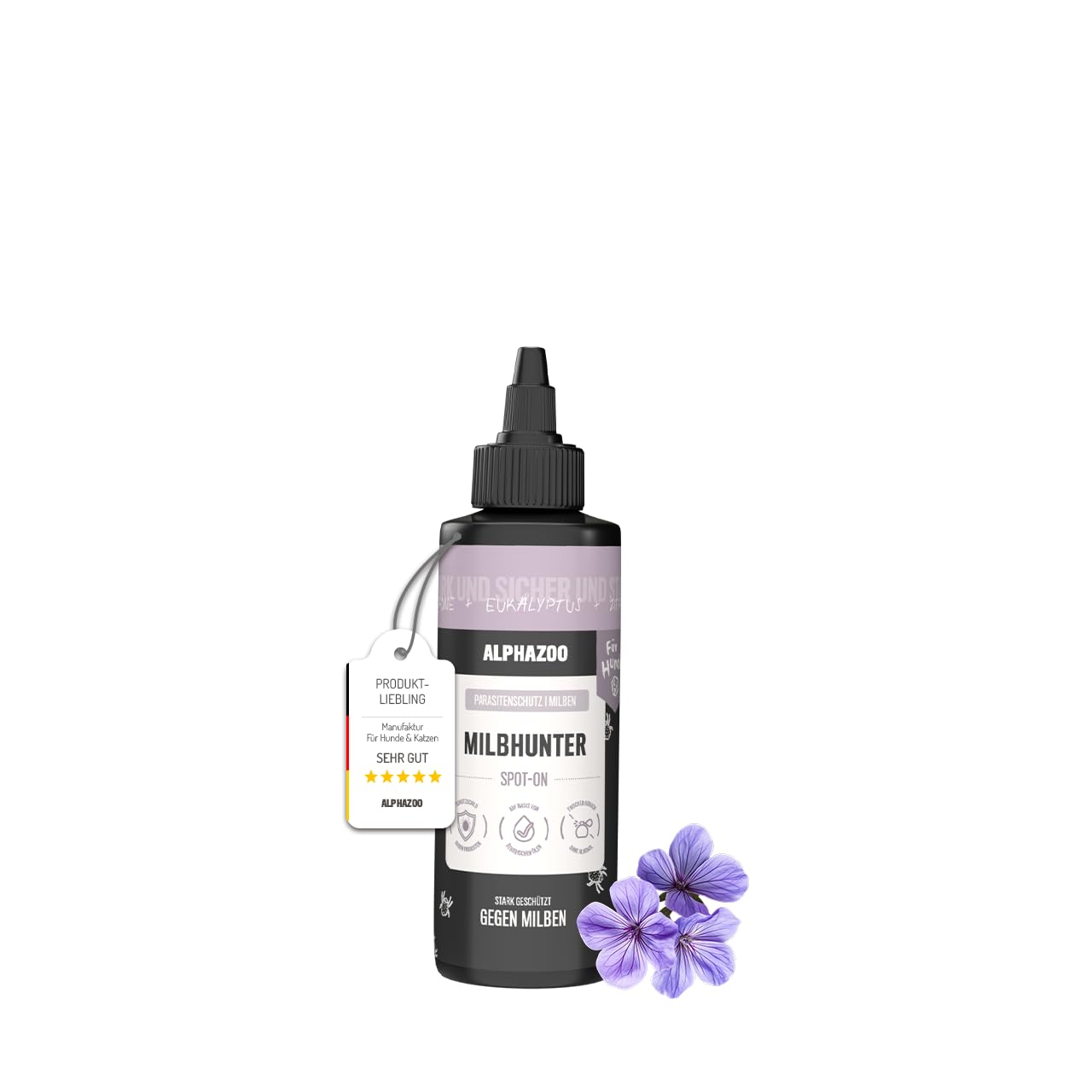 alphazoo Milbhunter Spot-On für Hunde 100ml - mit Eukalyptusöl & Geraniol. Wirkt effektiv gegen Milben & pflegt die Haut. Natürlicher, hautfreundlicher Schutz vor Milbenbefall, alkoholfrei & sanft