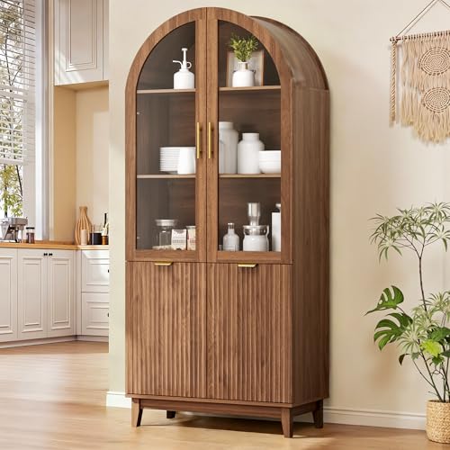 Image of Pamapic 71 inch Tall Arched Cabinet with Glass Doors, Fluted Kitchen Pantry Cabinet, Modern Wood Storage Cabinet with Adjustable Shelves, Curio Display ChinaCabinet for Dining Room, Living Room(Walnut)