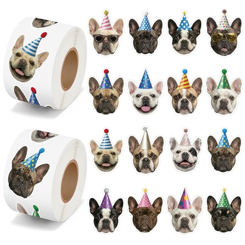 Image of Realistic French Bulldog Stickers - 1000 Pcs Bulldog Birthday Hat Design Waterproof Vinyl with Repositionable Adhesive for Pet Party Decorations Gift Wrapping Laptop Water Bottle DIY Crafts