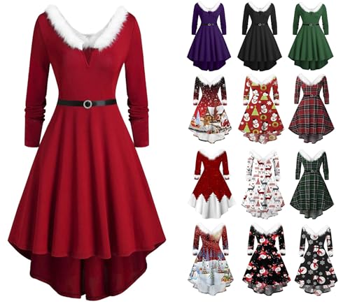 Gubsssl Weihnachtskleid Damen Kleid Weihnachten Vintage Weihnachtskleider Christmas Kleider Weihnachtskleidung Partykleider Weihnachtsoutfit Frauen...