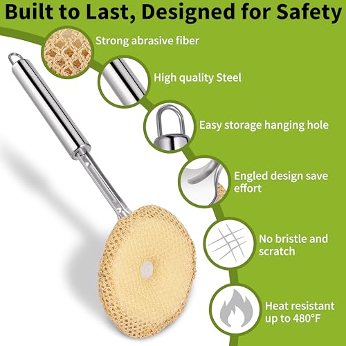 Image of Kitchen Scrub Brush, Cast Iron Skillet Scrubber Non-Scratch Cleaning Brush with Handle, Heat-Resistant Sponge Pad for Wok, Cast Iron, Indoor Grates, Pans, Oven Racks, Air Fryer, and Cookware Cleaning