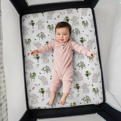 Pack n Play Sheets, BROLEX 2 Pack Mini Crib Sheets,Stretchy Portable Fitted Playard Sheet Set, Convertible Playard Mattress Cover,Ultra Soft Breathable Material,Elephants & Bears