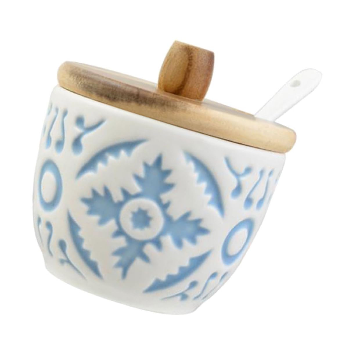 Tarro de cerámica para condimentos con tapa de madera y cuchara para cocina