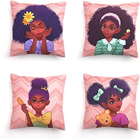 Kids Throw Pillow Covers 18x18 Inch Set of 4, Pink Pillow Covers African Girls Throw Pillow Covers Cute Girls Kids Pillowcase Decor Beautiful Cushion Cover for Livingroom Sofa Outdoor Couch