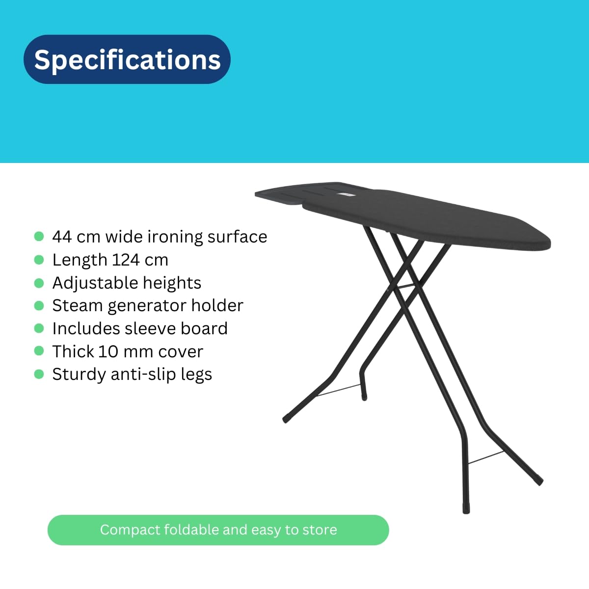 bügelbrett – Extra breites Bügelbrett für Dampfgenerator – 124x44 cm – Robust und stabil – Höhenverstellbar – Luxuriöses Bügelerlebnis – Farbe: Dust Grey