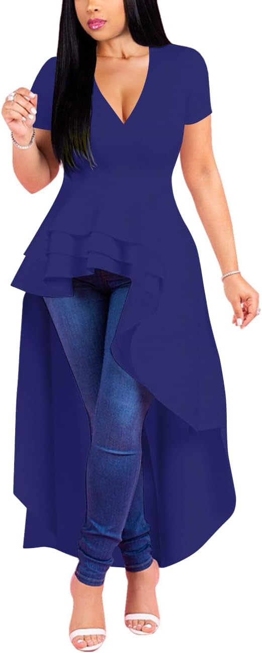 Lrady Womens V Neck Short Sleeve High Low Cocktail Party Dresses Peplum Tunic Tops Shirt Dress - Image 3