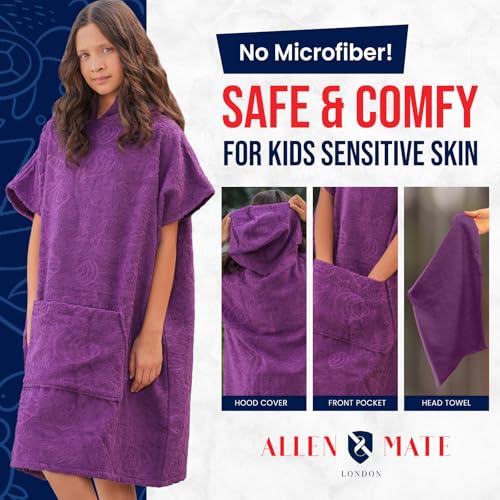 Image of ALLEN & MATE 100% Cotton Kids Hooded Surf Poncho Changing Robe, Quick Absorbent Wearable Swim Towel Boys & Girls, 6-13 Years
