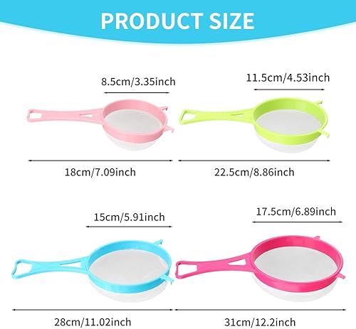 Miniatura 8 de Juego de 4 coladores de malla fina, juego de colador de harina de plástico para cocina, dispositivo separador de líquido sólido con asas