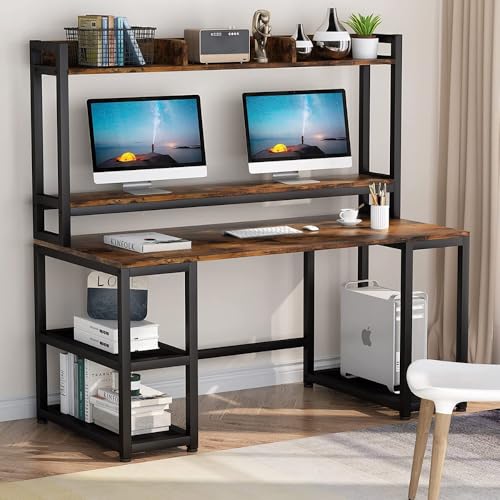 Image of Office Desk with Storage Shelves 140cm, Computer Desk with Bookshelf & Side Racks, Metal Frame Study Table for Home Office|Rustic Brown Color (140 x 60 x 150 CM) |DIY