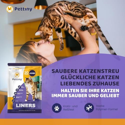 Pettiny Jumbo Katzentoilettenbeutel mit Zugbändern – 20er Pack Kratzfeste Tüten für Riesige Katzentoilette