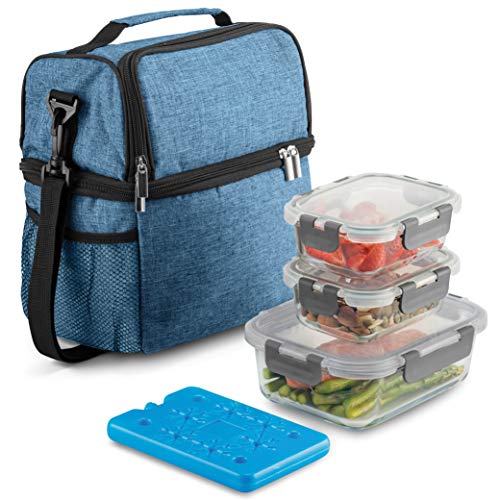 8-Piece Insulated Lunch Box Set - Insulated Lunch Bag for Women Men - 6-pc Glass Food Container Set, 3 Glass Containers Leakproof Locking Lids & Ice Pack - 2-Compartment Cooler Tote for Office Work