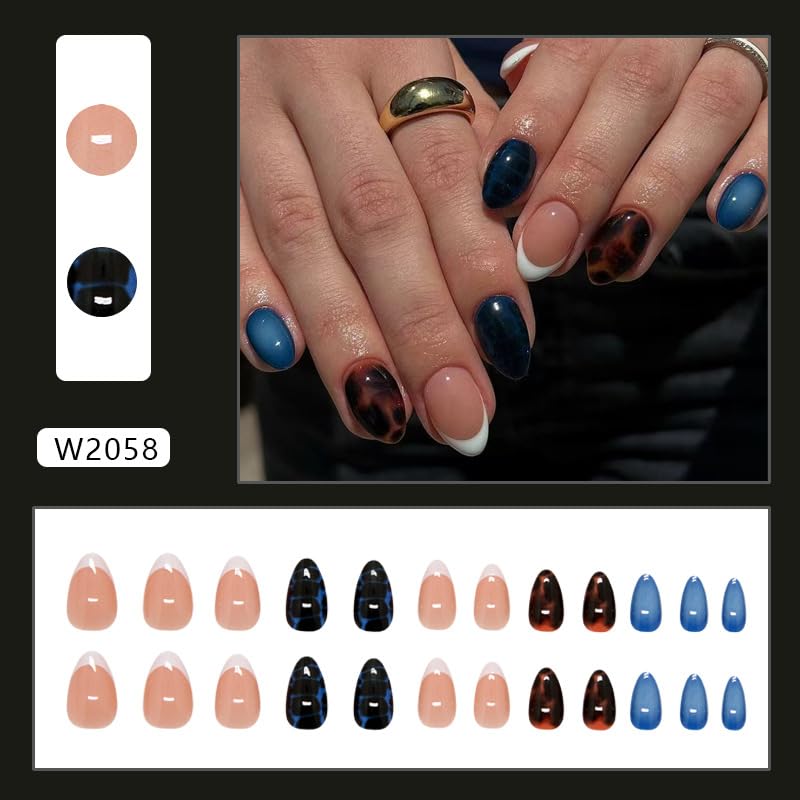 Fall Winter Short Almond Press on Nails Deep Blue Turtle Pattern Fake Nails White French Tip False Nail Black Brown Smudge Short Almond Glue on Nail Full Cover Acrylic Nail Stick on Nails for Women Fall winter style10