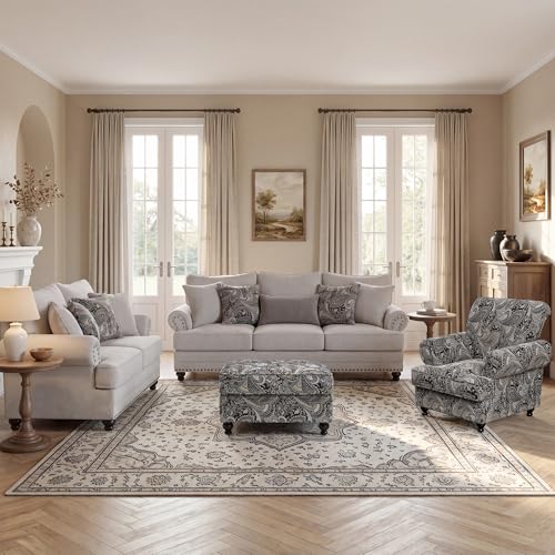 Image of Modern Farmhouse Loveseat and Sofa Set, Chenille Upholstered Couches with Nailhead Trim, Wooden Legs, 9 Accent Pillows, Comfy Sleeper for Living Room