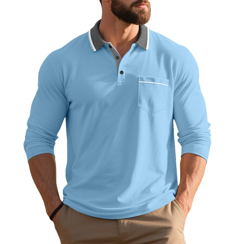 Long Sleeve Polo Shirt for Men Contrast Colored Collar Classic Lightweight Casual Button Up Golf Shirts with Pocket