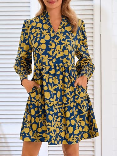 Image of Imily Bela Womens Fall Long Sleeve Tunic Dress Casual V Neck Tiered Dress | Loose,Swing,A-Line,Ruffled Collar,Puff Balloon Sleeve,Smocked Elastic Cuffs,Tiered Layered Ruffle Hem,Babydoll,Loose,Mini
