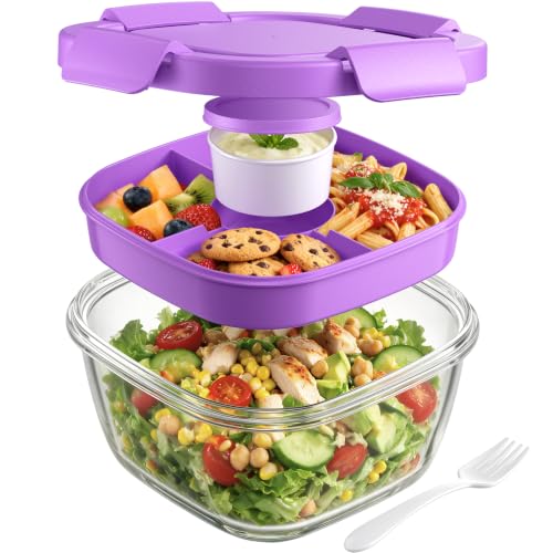 Image of Canfanni Glass Salad Container, 56oz Bowl with Airtight Lids, Tray, Fork