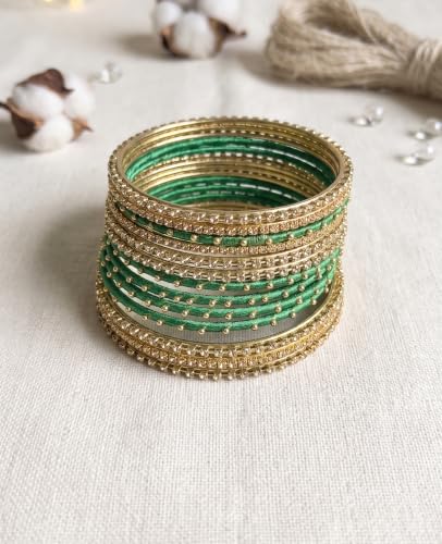 Image of NMII Non-Precious Metal with Base Metal and Zircon Gemstone Studded Ball Chain Linked Glossy Finished Silk thread Bangle set for Women and Girls