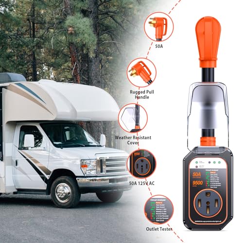 Image of GEARGO RV Surge Protectors 50 Amp Waterproof, [𝟐𝟎𝟐𝟔 𝐍𝐞𝐰 𝐔𝐩𝐠𝐫𝐚𝐝𝐞𝐝] RV Circuit Analyzer, Full Protection RV Adapter Plug for Camper(Orange)