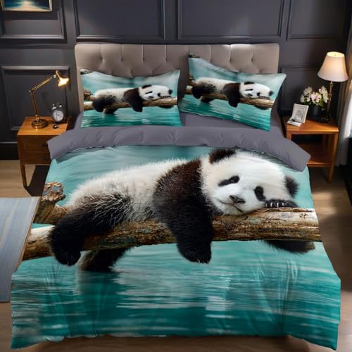 Vert Émeraude Housse de Couette 90x190 cm Enfant Panda Animalier Parure de Lit Microfibre pour Adulte, Adolescents, Garçons et Filles, Décoration de Chambre