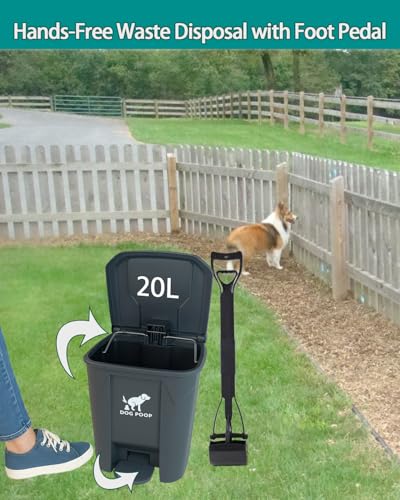 Image of Large Dog Poop Trash Can Outdoor 20L / 5.3 Gallon with Foldable Pooper Scooper - Waterproof Pet Waste Station Set, Foot Pedal, Inner Bucket & 100 Bags for Backyard