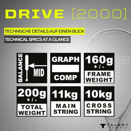 Talbot-Torro Squashschläger Drive 2000 - Leichter Allround-Schläger - Für Einsteiger & Freizeit - Graphit-Composite Rahmen - besaitet & spielbereit