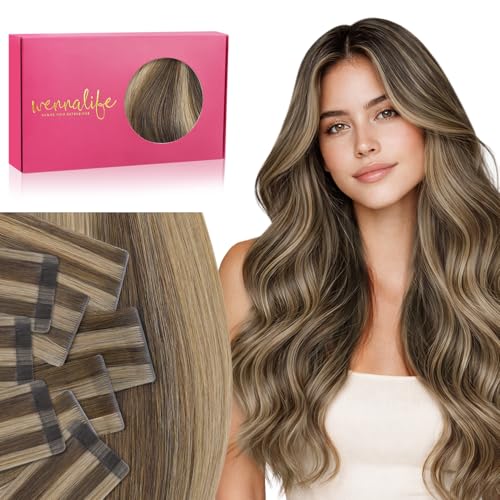Image of WENNALIFE Invisi Edge Tape in Hair Extensions Human Hair,#4 /27,20 Inch | 20 Inch 50g 20pcs (Invisi Edge & Classic) Balayage Chocolate Brown to Caramel Blonde Invisi Remy Hair Natural S