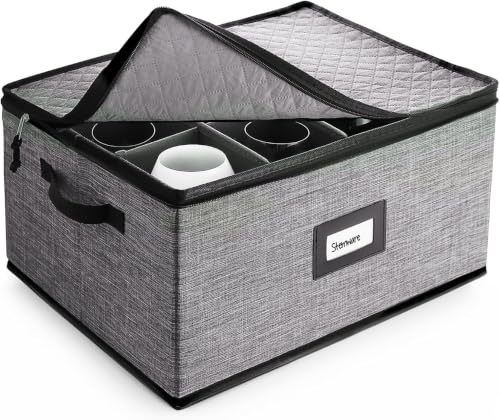 Image of Hearth & Harbor Wine Glass Storage Box with Dividers, Quilted and Stackable Stemware Storage Cases, Service of 12 Glass China Container Hard Shell for Moving and Organization, Grey (Pack of 12)