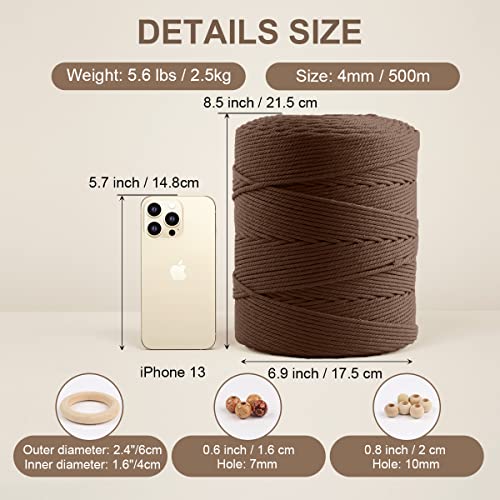 Image of ZUEXT Macrame Cord, Brown, 4mm x 547yds Cotton String Macrame Yarn | Natural Handmade, 4 Strands Twisted Cotton Rope, for Craft Wall Hanging Weaving Tapestry Dream Catchers Hanger DIY Gift, 500m