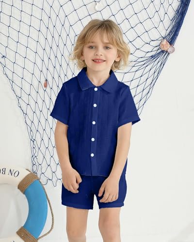 Image of Toddler Boy Clothes Little Kids Summer Outfits Short Sleeve Button Down Shirt Top Shorts Set 2 PCS Boy's Clothing