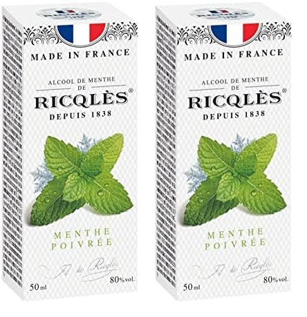 RICQLES - ALCOOL DE MENTHE- Menthe poivrée Liquide - Format voyage- Fabrication française- Flacon rond de 50 ml, Préparation au urgence (Lot de 2)