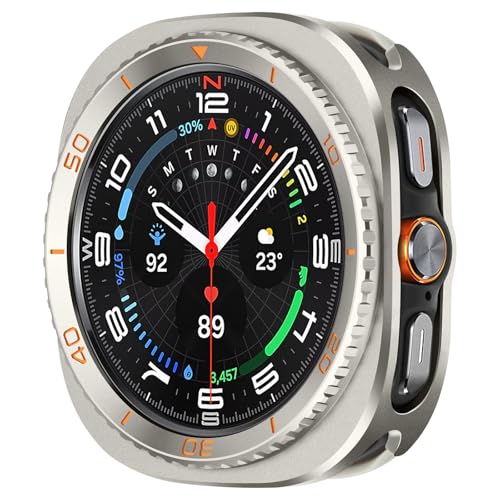 Amizee 3 in 1 Metal Case for Samsung Galaxy Watch Ultra Case (2025/2024) 47mm with Screen Protector Rugged Bumper Scratch Resistant Protection Cover for Galaxy Watch 7/8 Ultra Numeric-Titanium/Orange