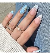 Summer Press on Nails Almond White French Tip Fake Nails Almond Medium False Nails with Seashells...