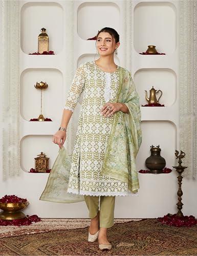 Image of Amazon Brand - Myx Women Chikankari A-Line Kurta Pant Set with Dupatta (Available in Plus Sizes)