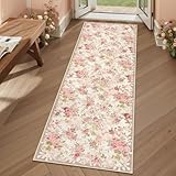 Lahome Floral Runners for Hallways Non Slip, 2x6 Washable Kitchen Runner Rug, Soft Boho Throw Carpet for ‎Girls Bedside Bedroom Laundry Bathroom Beige/Pink/Multi