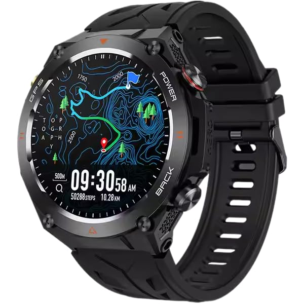 Image of Shyenah KC82 Adventure GPS Smartwatch-1.45 HD | Military-Grade Design, 1ATM Water Resistant | Compass, Altimeter & Barometer | HR, BP & SpO2 Monitoring | Bluetooth Calling | Huge 650mAh Battery(Black)