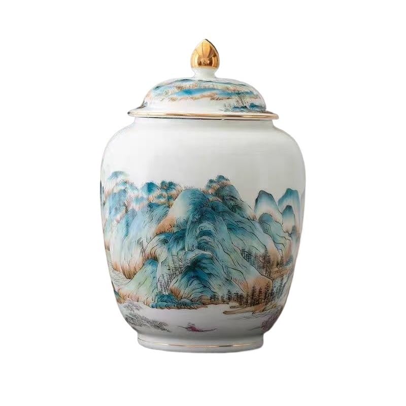 Pojemnik na cukier puszki na herbatę, ceramiczne słoiki z uszczelką do przechowywania złotych malowanych obrazów krajobrazowych zielona herbata, pu'er, biała, Longjing i nowe chińskie ozdoby retro