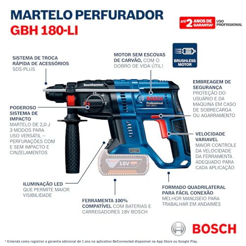 Martelete Perfurador Bosch Profissional à Bateria GBH180-LI, SDS Plus, 18 Volts