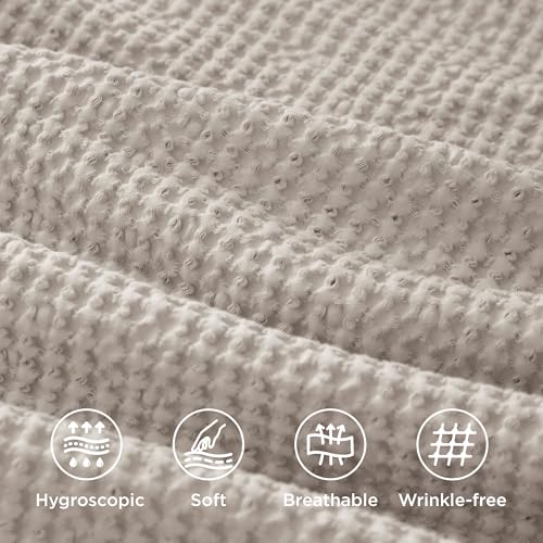 Image of Bedsure 100% Cotton Waffle Duvet Cover Set with Fitted Sheet, Queen, Linen | Waffle Texture, Breathable, Skin-Friendly, OEKO-TEX Certified, Good Housekeeping Seal, All-Season, Machine Washable
