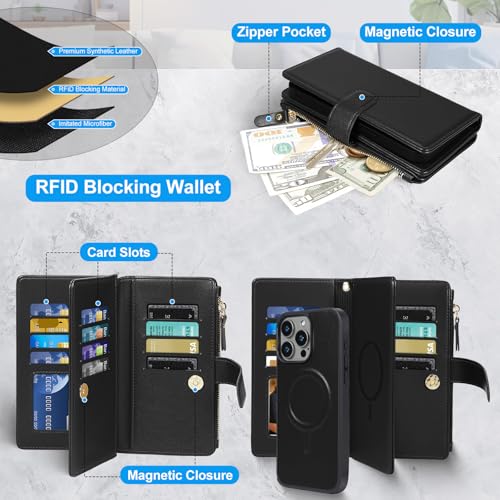 Harryshell 2 in 1 for iPhone 14 Pro Max Wallet Case Magnetic Compatible with Magsafe RFID Blocking Card Holder Detachable Phone Cover Zipper Purse Kickstand Wrist Strap for Men Women 6.7" 2022 Black - image 3